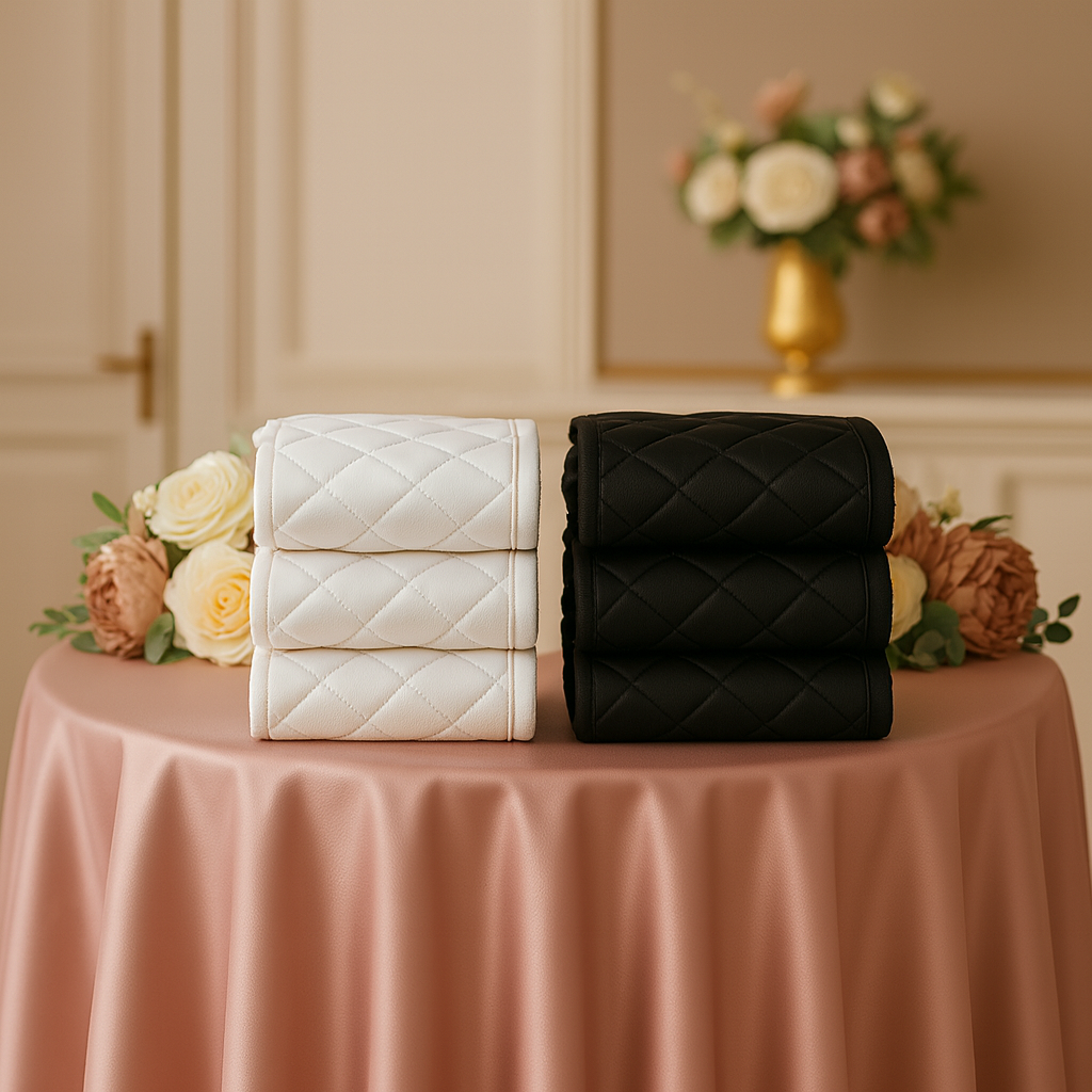 Stacks of black and white diamond-quilted Satin Bay salon towels