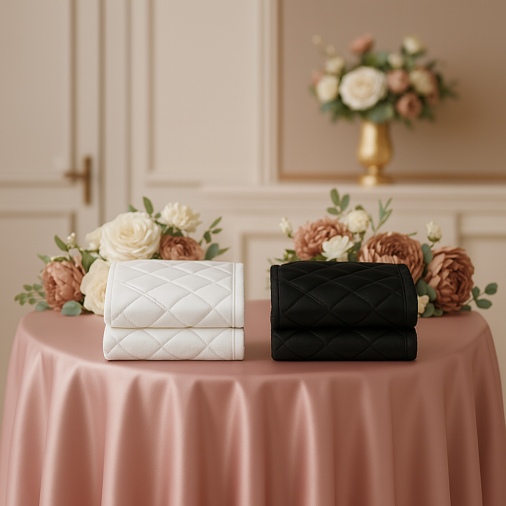 Satin Bay salon towels folded in black and white