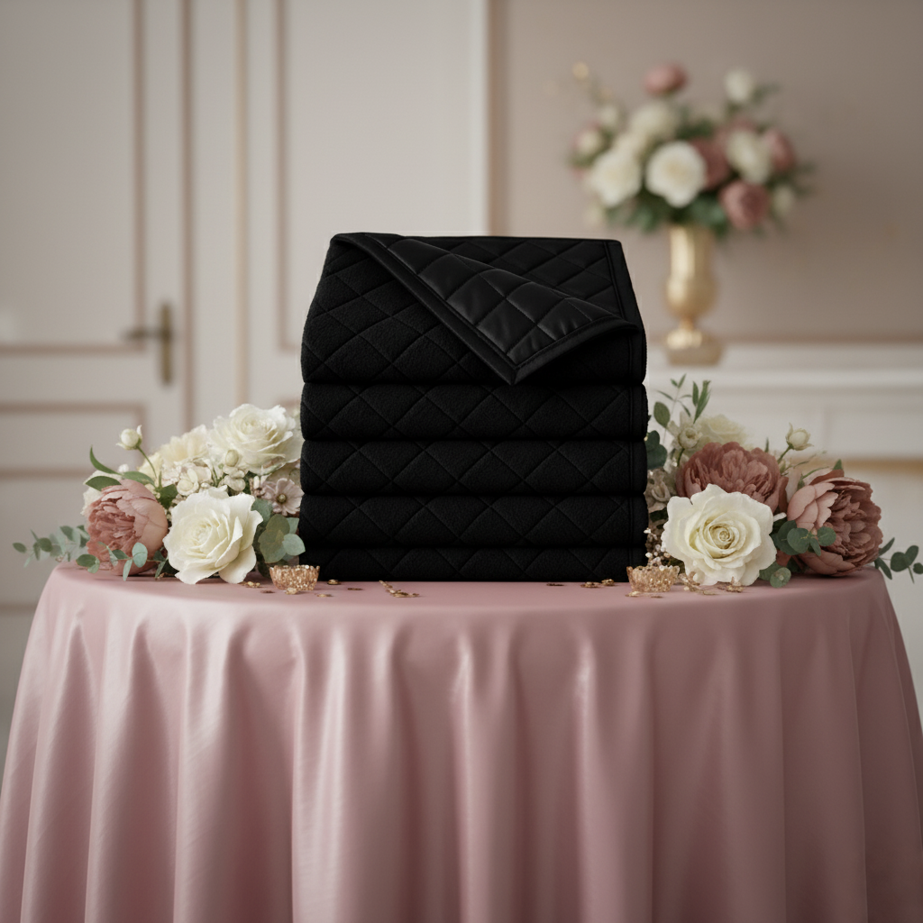 Stack of black diamond-quilted Satin Bay towels
