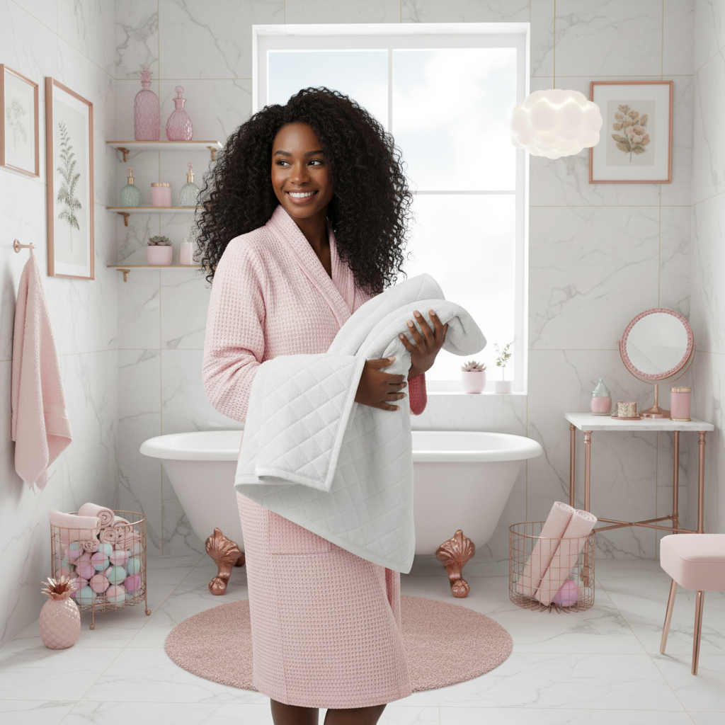 Black woman in a pink robe holding a white Satin Bay bath towel